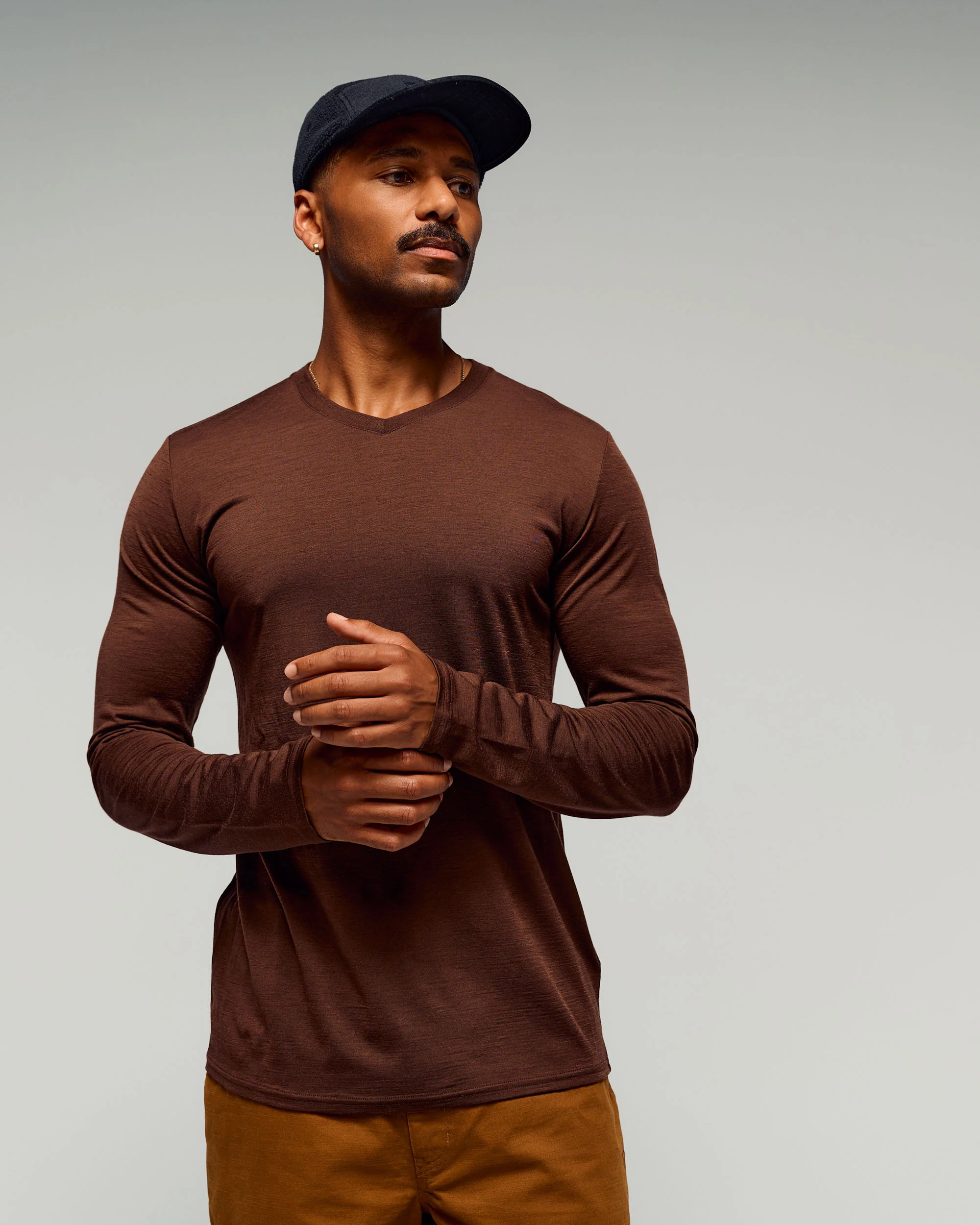 Men's 100% Merino Long Sleeve V-Top -  Cocoa